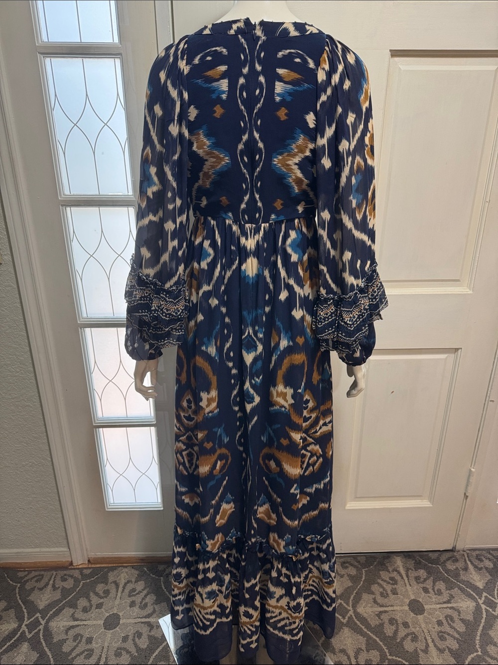 FARM Rio Pineapple Blue Ikat Maxi Dress Boho Long Sleeve Altered Length Small - Picture 10 of 16